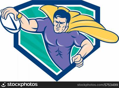 Cartoon style illustration of a superhero rugby player with ball scoring try set inside shield crest with sunburst in background. . Superhero Rugby Player Scoring Try Crest