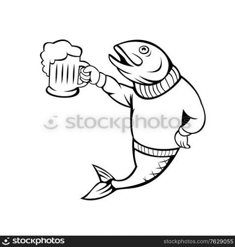 Cartoon style illustration of a trout or salmon fish holding up beer mug of ale wearing sweater or jersey on isolated white background.. Trout or Salmon Fish Holding Up Beer Mug of Ale Wearing Sweater Cartoon Black and White