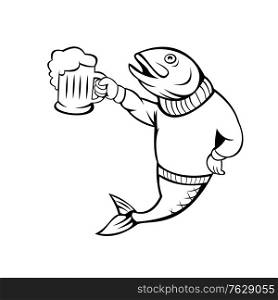 Cartoon style illustration of a trout or salmon fish holding up beer mug of ale wearing sweater or jersey on isolated white background.. Trout or Salmon Fish Holding Up Beer Mug of Ale Wearing Sweater Cartoon Black and White