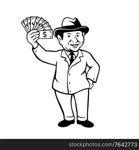Cartoon style illustration of a vintage businessman with a wad of dollar bill, notes or money, wearing fedora hat smiling standing viewed from front on isolated background done in black and white.. Vintage Businessman with a Wad of Dollar Bill Notes or Money Cartoon Black and White