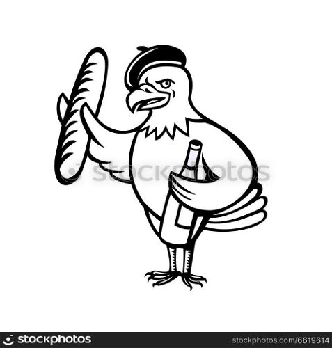 Cartoon style illustration of an American eagle mascot wearing a French beret and holding a baguette in one wing and a bottle of wine in other.. American Eagle Beret Baguette Wine Cartoon