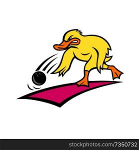 Cartoon style illustration of an angry bowler duck or mallard rolling a bowling ball down a wood or synthetic lane viewed from side on isolated background.. Duck Bowler Bowling Ball Mascot Cartoon