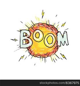 Cartoon style illustration of an explosion with words Boom set on isolated background.. Cartoon Explosion Boom