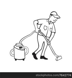 Cartoon style illustration of an industrial carpet cleaner worker vacuuming the floor with vacuum cleaner viewed from side on isolated background done in black and white. . Industrial Carpet Cleaner Worker Vacuuming with Vacuum Side View Cartoon Black and White