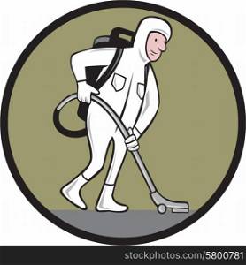 Cartoon style illustration of an industrial cleaner wearing cleanroom suit or bio-hazard suit with back-pack vacuum and vacuuming cleaning viewed from side set inside circle on isolated background.. Industrial Cleaner Cleanroom Suit Vacuum