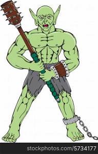 Cartoon style illustration of an orc warrior wielding a club and shield viewed from front on isolated white background.. Orc Warrior Wielding Club Cartoon
