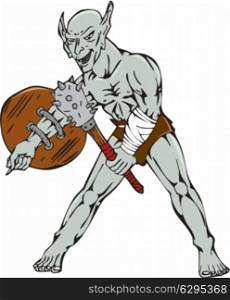 Cartoon style illustration of an orc warrior wielding a club and shield viewed from front on isolated background.. Orc Warrior Hold Club Shield Cartoon