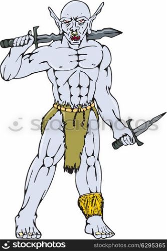 Cartoon style illustration of an orc warrior with nose ring holding a sword and dagger viewed from front on isolated background.. Orc Warrior Sword Dagger Cartoon