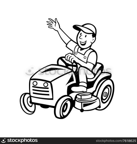 Cartoon style illustration of farmer or gardener riding ride-on mower mowing waving hand viewed from side on isolated background done in black and white.. Farmer Riding Ride-on Mower Waving Hand Cartoon Black and White