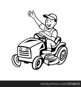 Cartoon style illustration of farmer or gardener riding ride-on mower mowing waving hand viewed from side on isolated background done in black and white.. Farmer Riding Ride-on Mower Waving Hand Cartoon Black and White