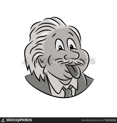 Cartoon style illustration of head of nerdy genius scientist Albert Einstein sticking his tongue out viewed from front on isolated white background.. Albert Einstein Sticking Tongue Out Cartoon