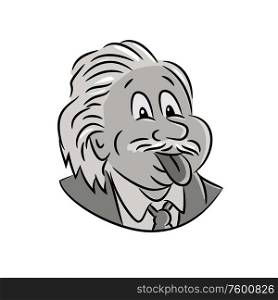 Cartoon style illustration of head of nerdy genius scientist Albert Einstein sticking his tongue out viewed from front on isolated white background.. Albert Einstein Sticking Tongue Out Cartoon