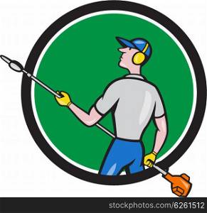 Cartoon style illustration of male gardener holding hedge trimmer looking to the side viewed from rear set inside circle on isolated background. . Gardener Hedge Trimmer Circle Cartoon