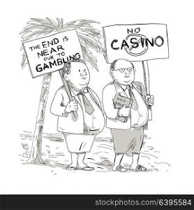 Cartoon style illustration of two fat Samoan preacher, lay minister or church goer wearing jacket, tie and lavalava protesting with placard against gambling on isolated background.. Fat Samoan Preacher Protesting Cartoon