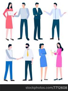 Cartoon style man and woman discussing business issues, successful managers leading conversations. Vector people arguing how to write business plan. Cartoon Style Man and Woman Discussing Business