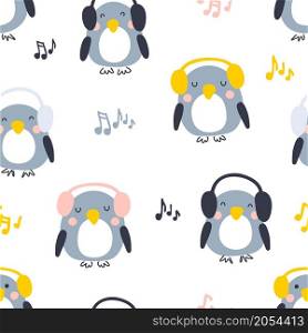 Cartoon style musical penguins seamless pattern. Perfect for T-shirt, textile and prints. Hand drawn vector illustration for decor and design.