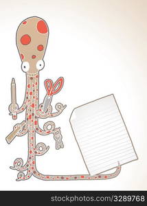 Cartoon style octopus with back to school supplies.