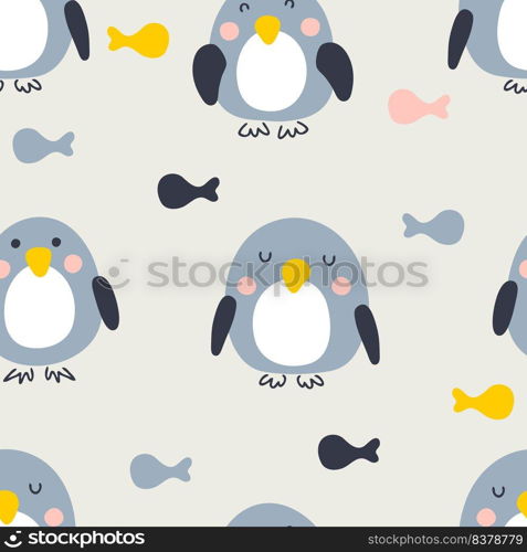 Cartoon style penguins with fish seamless pattern. Perfect for T-shirt, textile and prints. Hand drawn vector illustration for decor and design.