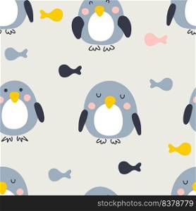 Cartoon style penguins with fish seamless pattern. Perfect for T-shirt, textile and prints. Hand drawn vector illustration for decor and design.