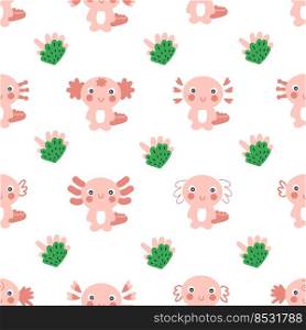 Cartoon style seamless pattern with axolotls and cactuses. Perfect for T-shirt, textile and prints. Hand drawn vector illustration for decor and design.