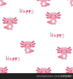 Cartoon style seamless pattern with happy axolotls. Perfect for T-shirt, textile and prints. Hand drawn vector illustration for decor and design.