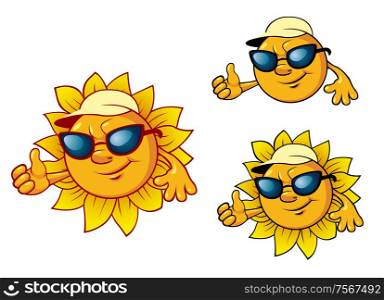 Cartoon style smiling cute sun character with sunglasses, baseball cap and greeting hand. For travel and leisure design