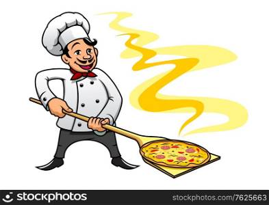 Cartoon style smiling happy baker chef cooking pizza, suitable for fast food and cuisine design