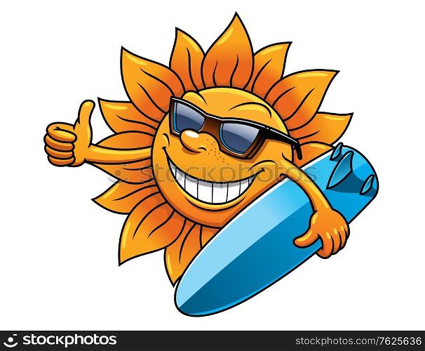 Cartoon style smiling happy sun character with sunglasses and surfboard for travel and leisure design