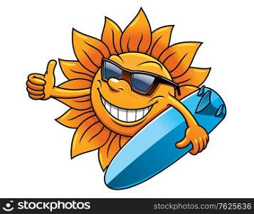 Cartoon style smiling happy sun character with sunglasses and surfboard for travel and leisure design