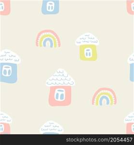 Cartoon style spring seamless pattern with houses and rainbows. Perfect for T-shirt, textile and prints. Hand drawn vector illustration for decor and design.