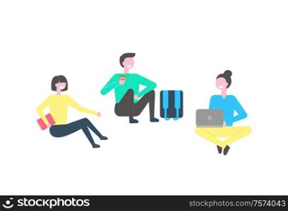 Cartoon style students relaxing during break in college or university. Vector young people male and female sitting with books, drinking coffee and typing on notebook. Cartoon Style Students Relaxing During Break in College