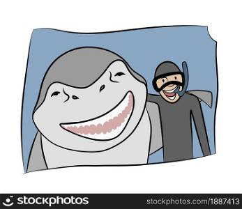 Cartoon style vector flat illustration. Photo of a shark and a diver hugging and smiling while posing for a photo. Cute funny drawing on the theme of sea recreation