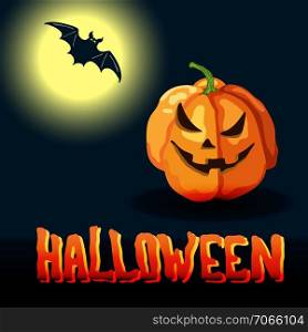 Cartoon style vector Halloween title and spooky face pumpkin over midnight background with full moon and bat