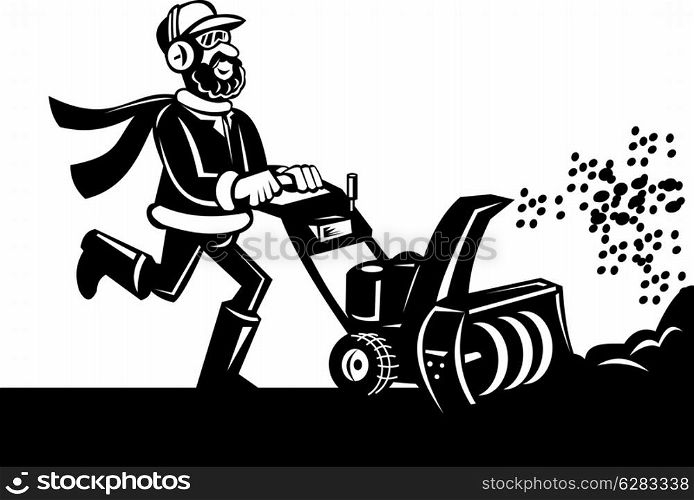Cartoon style vector illustration of a Man operating a snow blower or snow thrower done in black and white.. Man operating snow blower or thrower