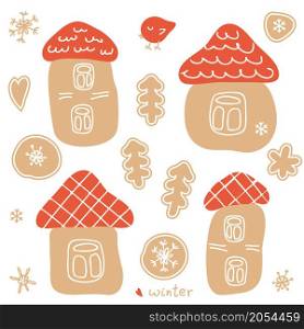 Cartoon style winter collection of gingerbread houses, Christmas trees, birds and snowflakes. Perfect for poster, greeting card and prints. Hand drawn vector illustration for decor and design.