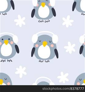 Cartoon style winter penguins in headsets seamless pattern. Perfect for T-shirt, textile and prints. Hand drawn vector illustration for decor and design.