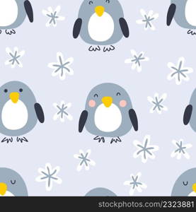 Cartoon style winter penguins with snowflakes seamless pattern. Perfect for T-shirt, textile and prints. Hand drawn vector illustration for decor and design.