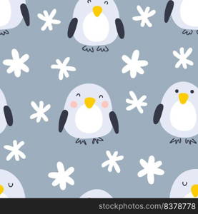 Cartoon style winter penguins with snowflakes seamless pattern. Perfect for T-shirt, textile and prints. Hand drawn vector illustration for decor and design.