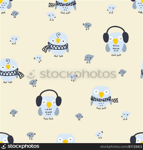 Cartoon style winter seamless pattern with owls and small birds. Perfect for T-shirt, textile and prints. Hand drawn vector illustration for decor and design.