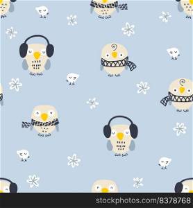 Cartoon style winter seamless pattern with owls, snowflakes and white birds. Perfect for poster, textile and prints. Hand drawn illustration for decor and design.