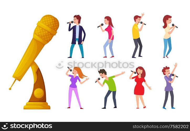 Cartoon style woman and man singing with mics. Reward for best song contest. Music trophy vector, gold award microphone and singers isolated people. Cartoon Woman and Man Singing, Microphone Award