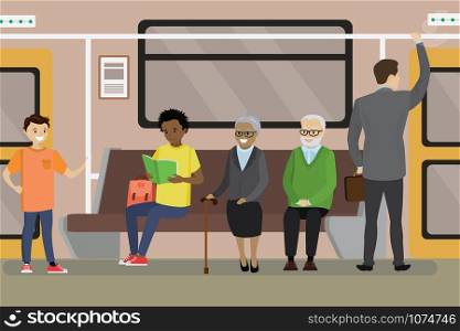 Cartoon Subway underground train car interior with commuting passengers sitting, reading and standing.People of different ages and races.Flat vector illustration . Cartoon Subway underground train car interior