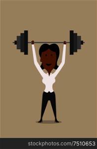 Cartoon successful african american businesswoman easily lifted and holding heavy barbell above head, for business achievement or leadership concept design. Businesswoman lifting barbell above head