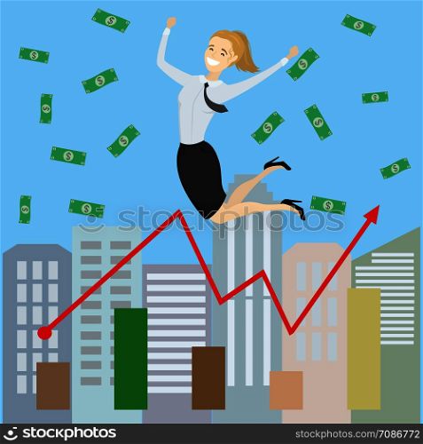 Cartoon Successful business woman jumping for joy.Joyful female with money and growing graph. Vector illustration. Modern design of urban landscape with city buildings.. Cartoon Successful businessman jumping for joy