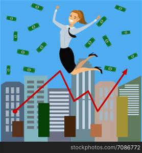 Cartoon Successful business woman jumping for joy.Joyful female with money and growing graph. Vector illustration. Modern design of urban landscape with city buildings.. Cartoon Successful businessman jumping for joy