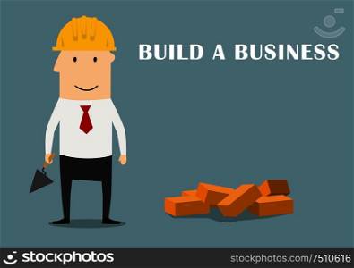Cartoon successful businessman in yellow hard hat with trowel and bricks building a new business, for start-up theme design. Businessman building a new business