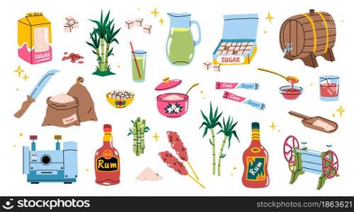 Cartoon sugarcane. Bamboo agriculture products. Sugar and rum manufacturing. Isolated tropical cane plants with leaves and stems. Brown refined sweet pieces. Vector sweetener production elements set. Cartoon sugarcane. Bamboo agriculture products. Sugar and rum manufacturing. Tropical cane plants with leaves and stems. Refined sweet pieces. Vector sweetener production elements set
