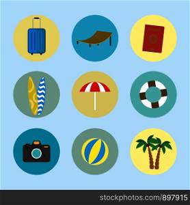 Cartoon summer and holiday icons,set of beach flat objects,vector illustration.. Cartoon summer and holiday icons.