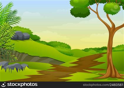 Cartoon summer landscape with road trail to forest