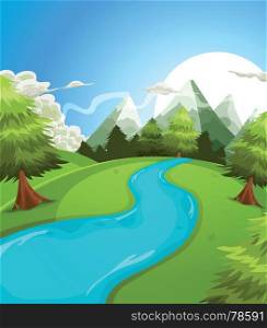 Cartoon Summer Mountains Landscape. Illustration of a cartoon summer or spring high mountain landscape, with river, pine trees and firs for vacations, travel and seasonal holidays background